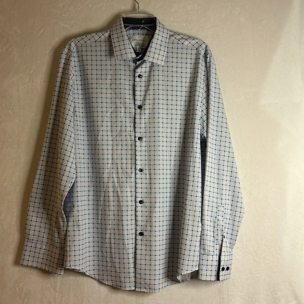 Con.Struct Cooling Comfort Slim Fit Check Stretch Button Up Shirt Size Large